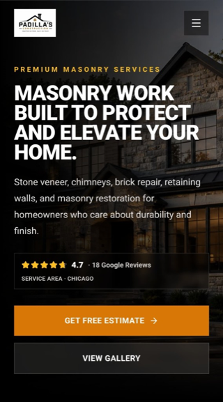 Public client masonry website mobile hero, shown with permission